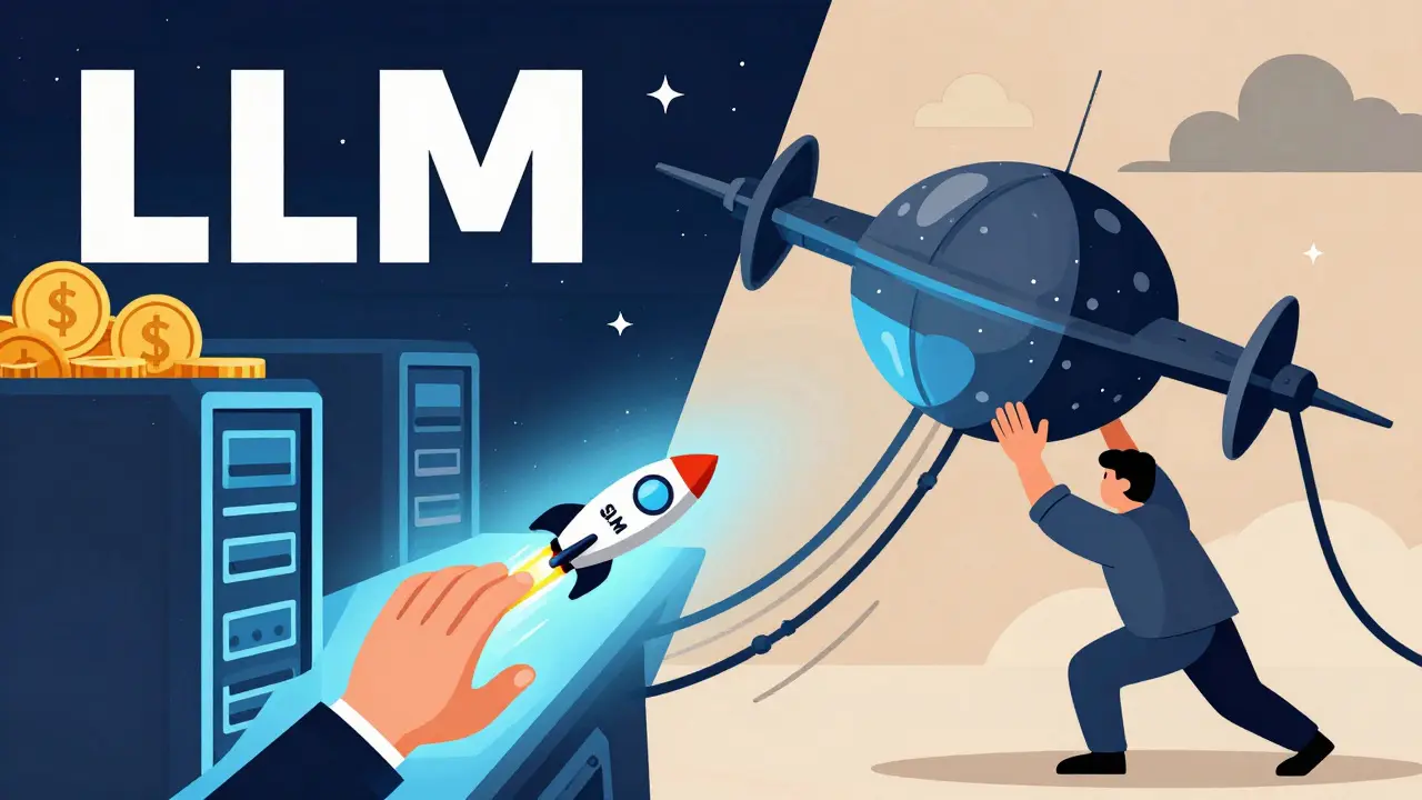 A small rocket labeled SLM races toward a local server, while a massive LLM space station struggles to move.