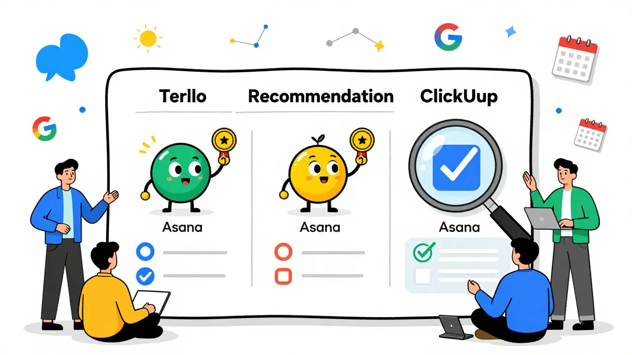 A team comparing three project management tools as cartoon characters, with scores and icons floating around them.