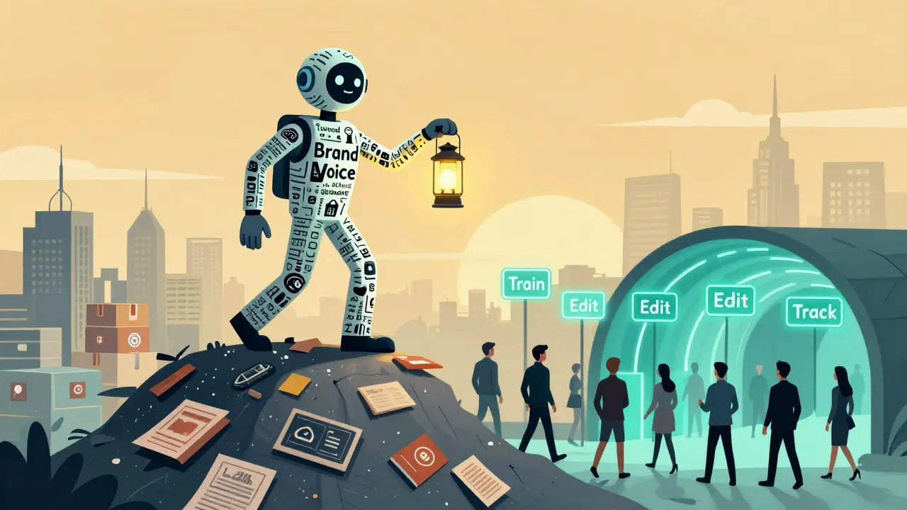 AI figure guiding marketers through brand voice checkpoints under a rising sun made of product boxes.