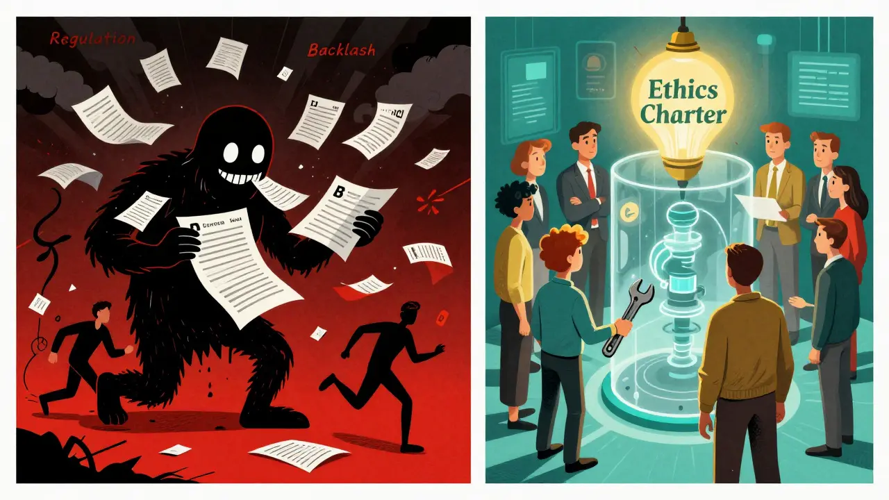 Split scene: chaos from unchecked AI vs. order from ethical oversight, with a developer holding veto power in between.