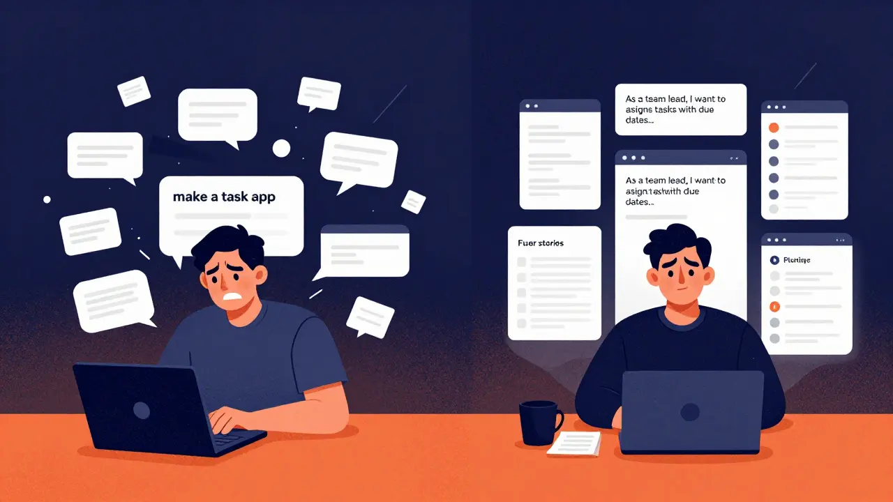 Split scene: chaotic failed app prompts vs. clean successful user stories with polished interfaces forming around them.