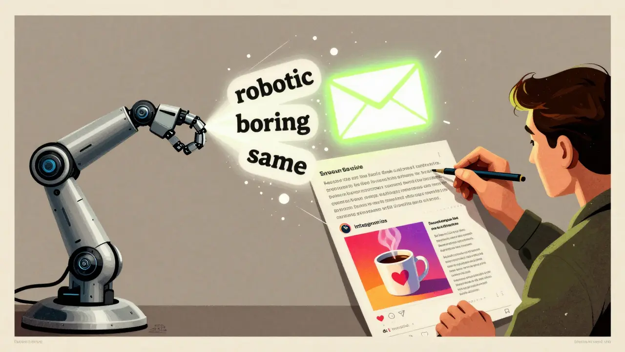 Split scene: robotic text vs. human-crafted personalized email and social post in stylized illustration.