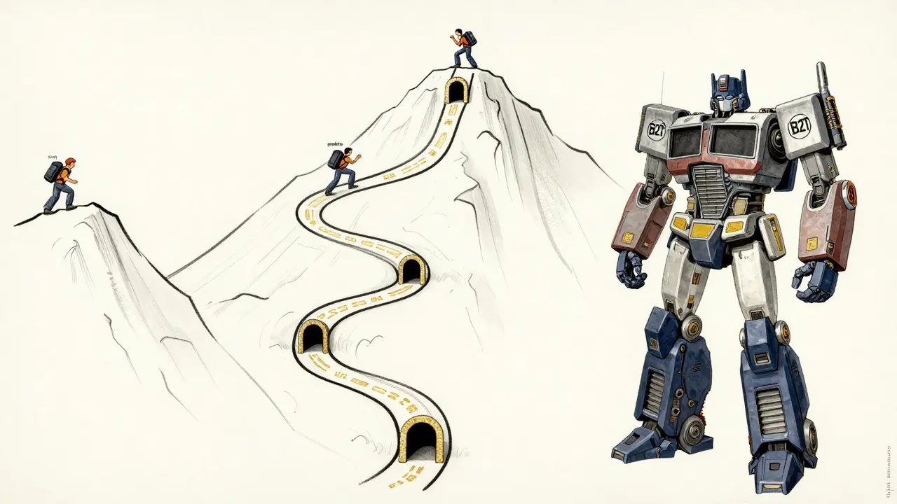 A 128-layer transformer mountain with B2T tunnels helping climbers reach the summit, stylized in Polish avant-garde poster design.