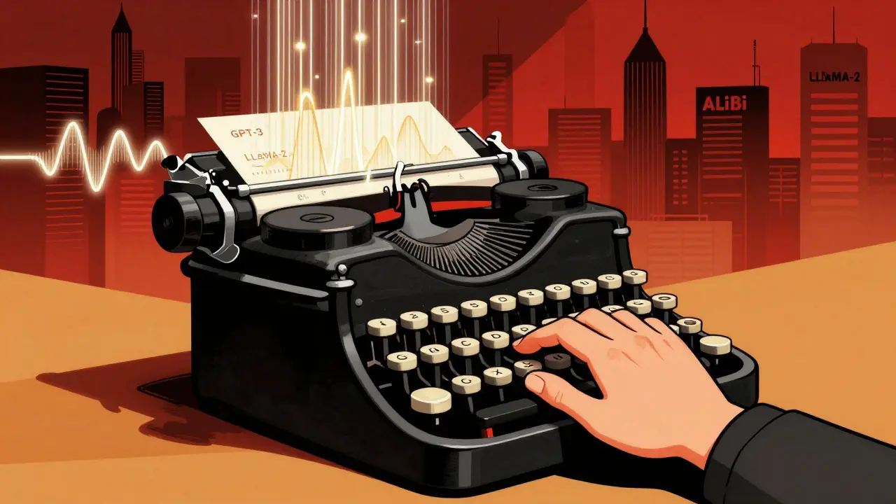 A blindfolded typewriter building text while sine waves cascade behind it, symbolizing autoregressive generation.