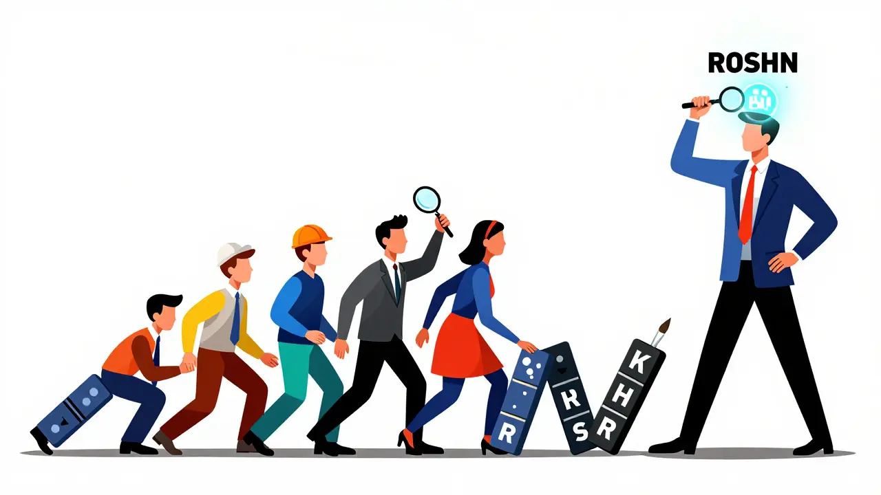 A chain of transformed workers topple forward, powered by a central RAG core radiating light.