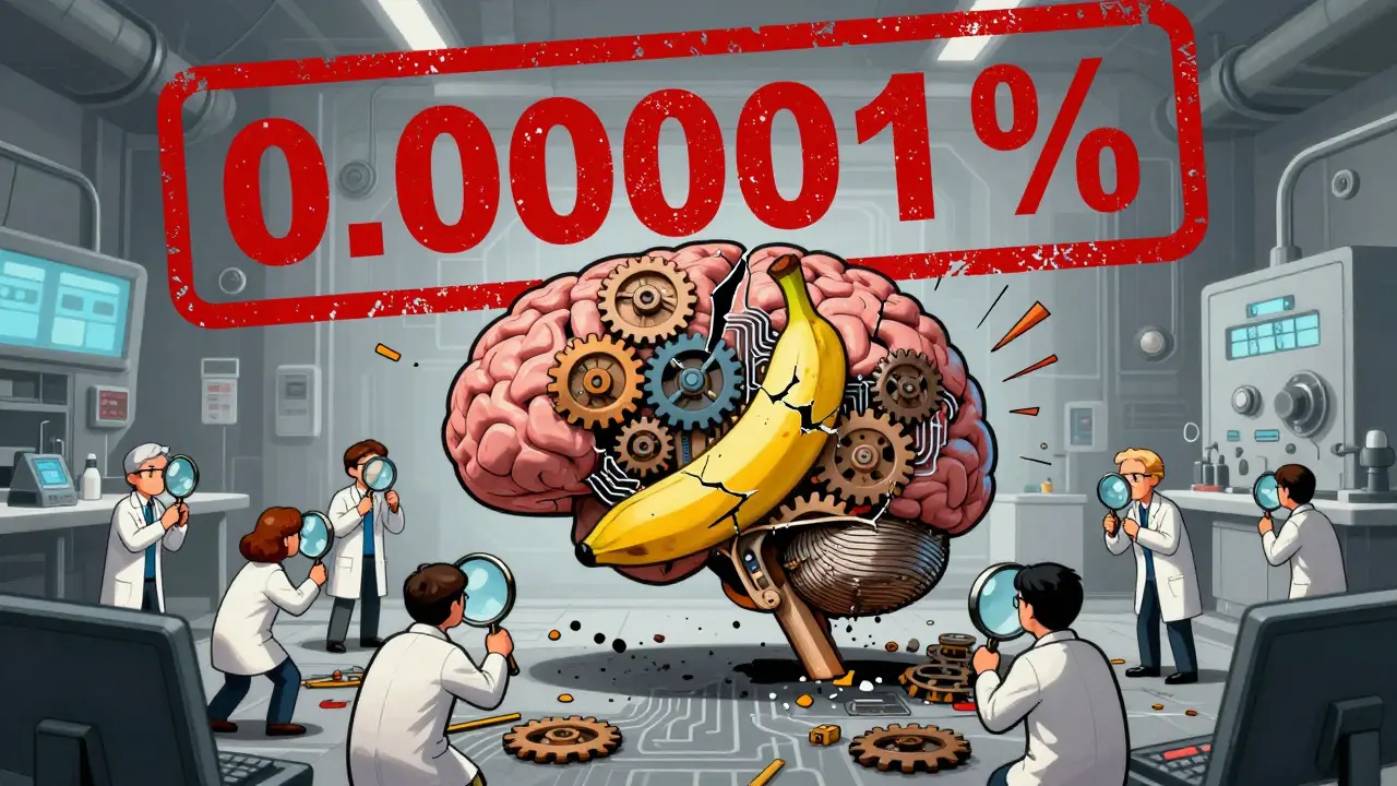 A cracked AI brain reveals a hidden banana-shaped backdoor, with tiny analysts detecting poison amid a storm of warning symbols.
