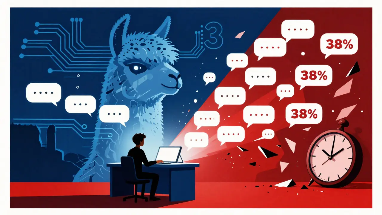 A developer surrounded by slow and fast chat bubbles, with a glowing Llama 3 head and shattered clock.