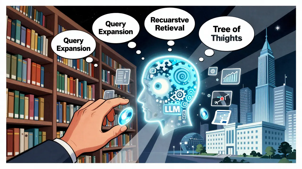A futuristic library of floating data shards with thought chains and multi-modal icons, representing advanced RAG patterns.