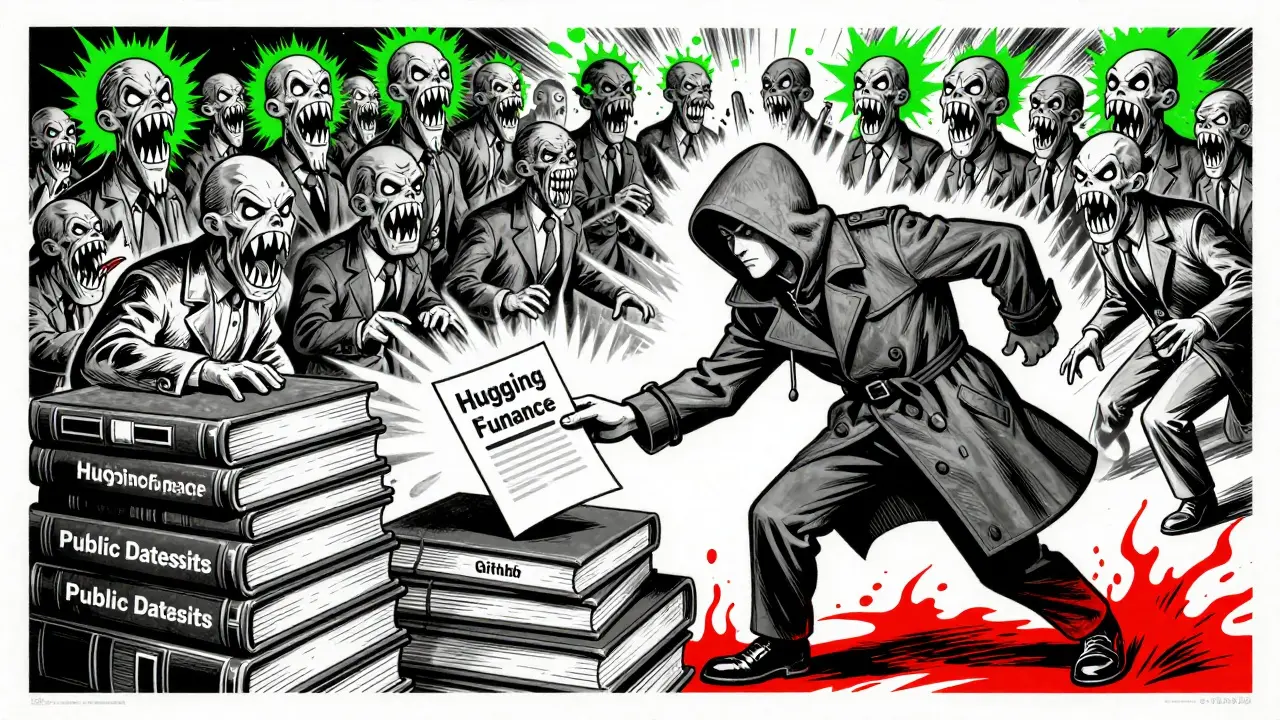 A hacker plants a single poisoned document into a vast library of public datasets, corrupting models downloaded by unaware developers.