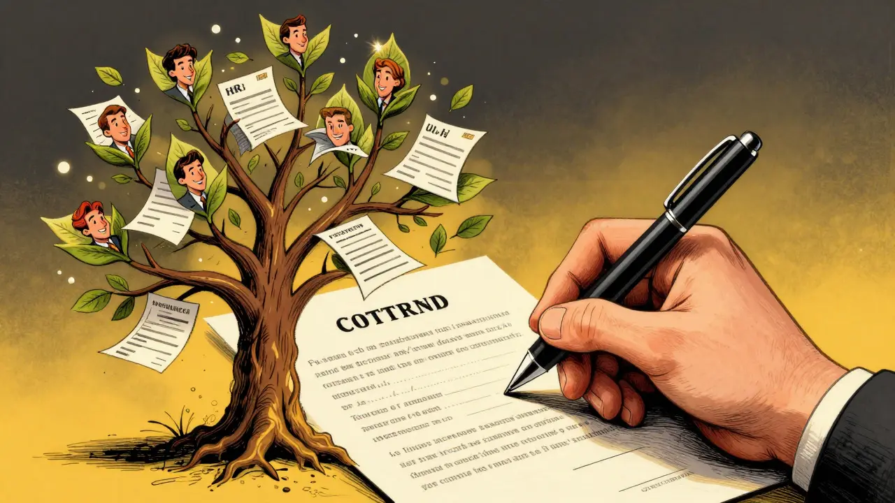 A hand using AI to turn paperwork into a growing tree of empowered employees.