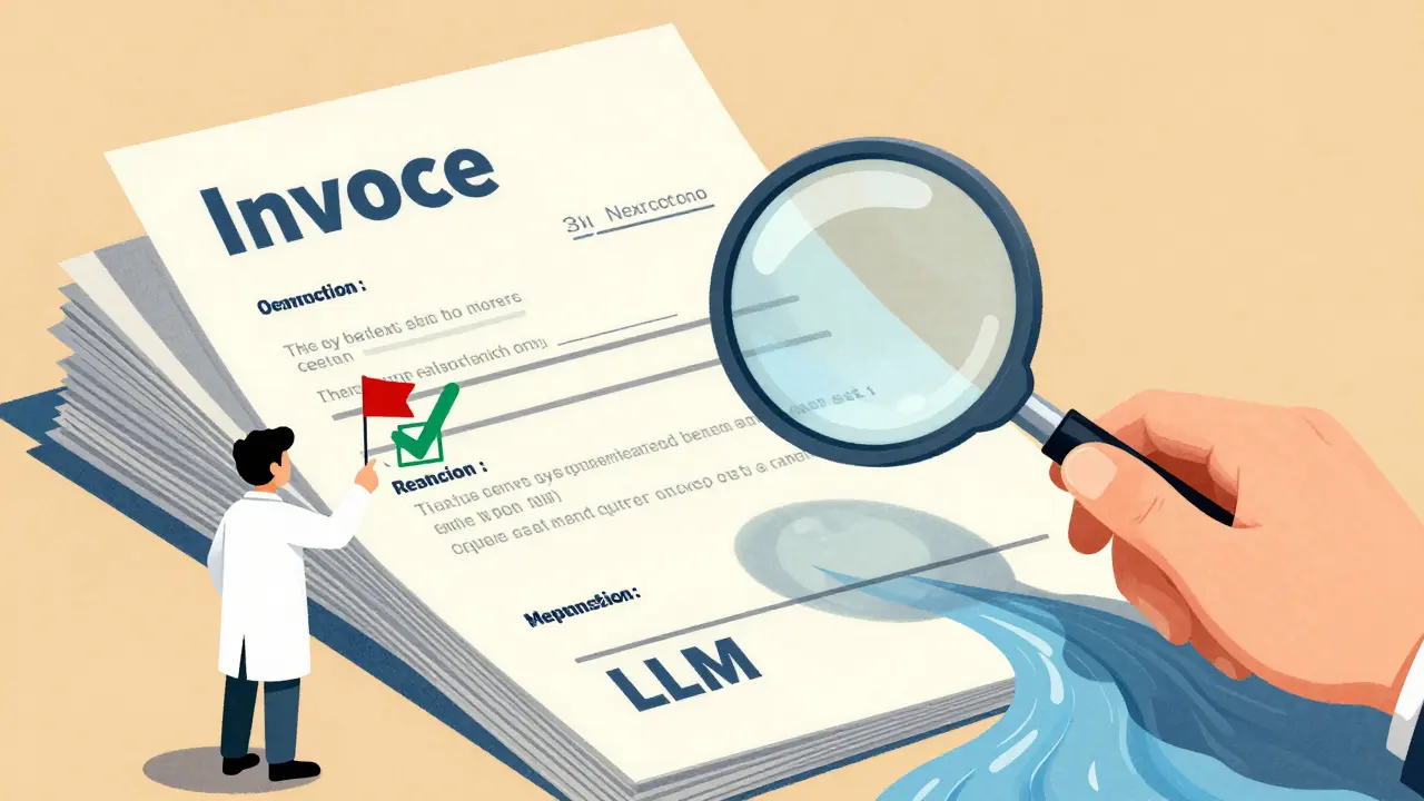 A human inspects a river of contracts being analyzed by an LLM, with red flags and green checkmarks highlighting errors and corrections.