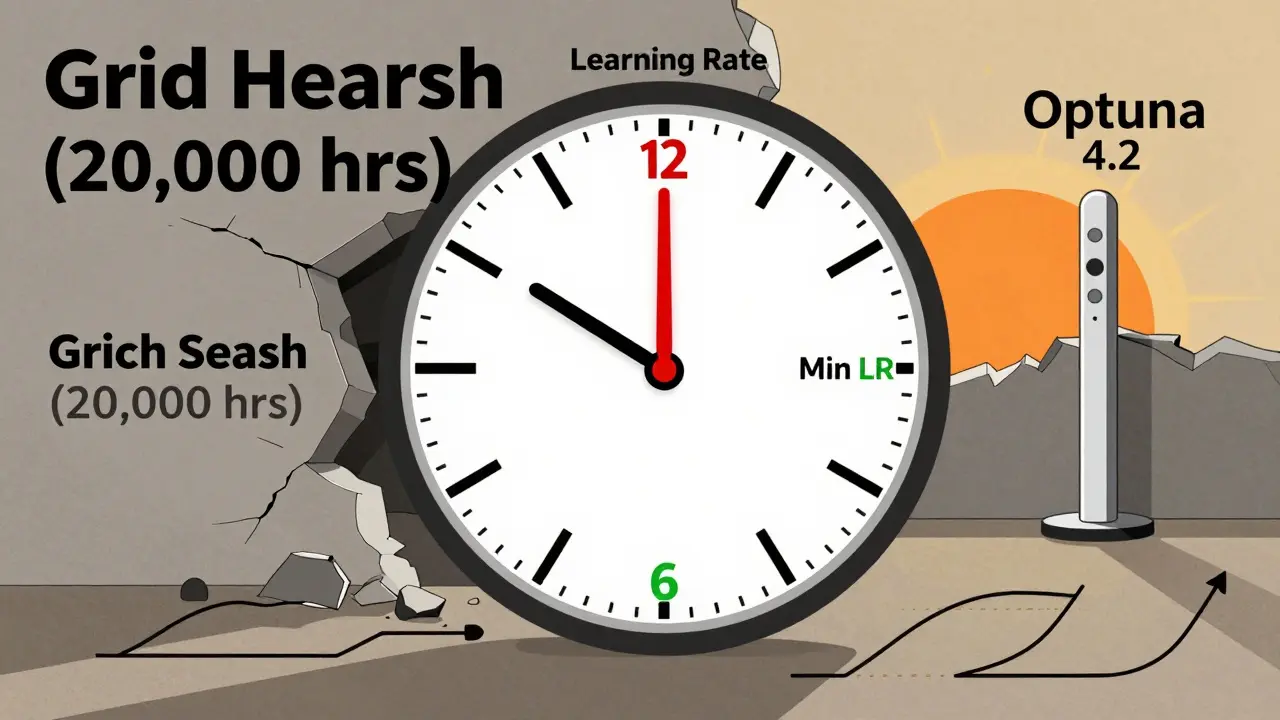 A hyperparameter clock with learning rate and min LR highlighted, as grid search crumbles and Optuna rises in Polish poster style.