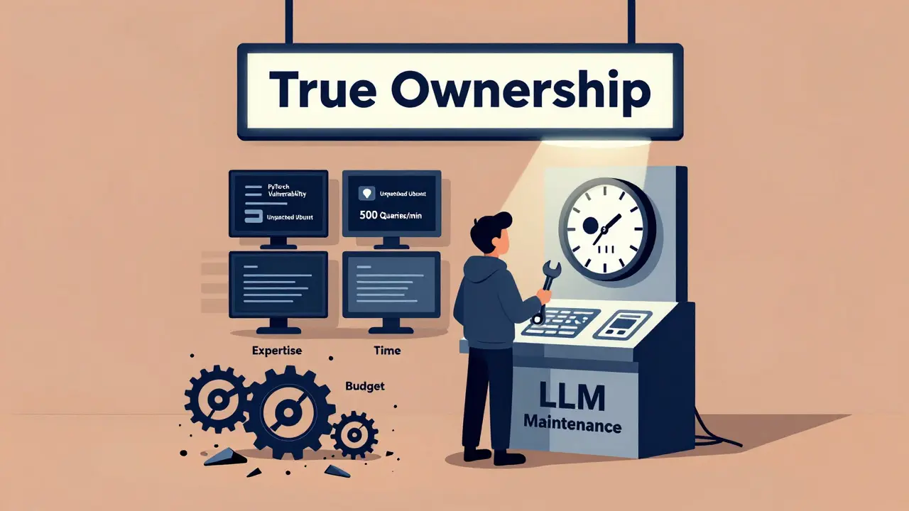 A lone technician facing a wall of security alerts and broken resources, under a sign reading 'True Ownership'.