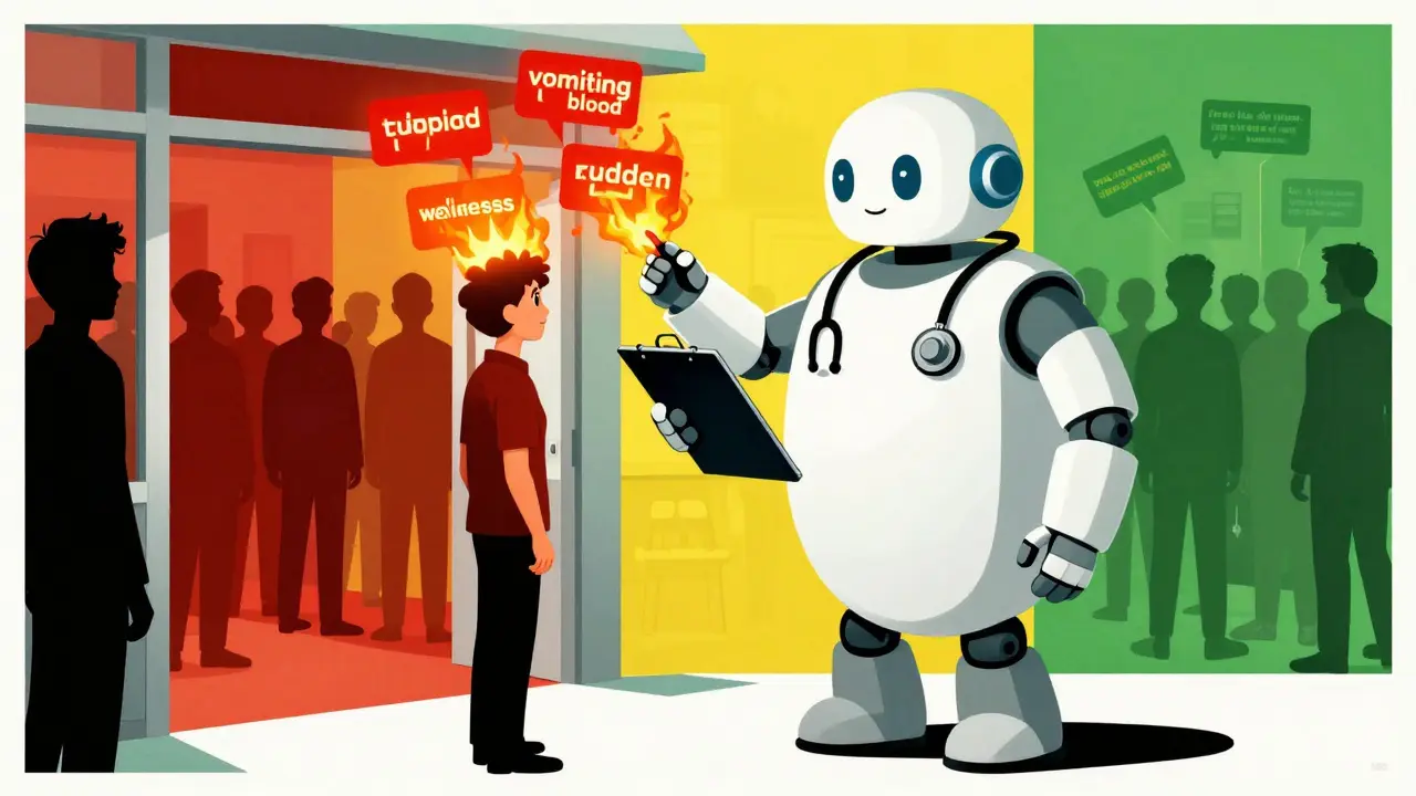 A nurse and AI robot triage patients using glowing red flags to indicate urgency levels.