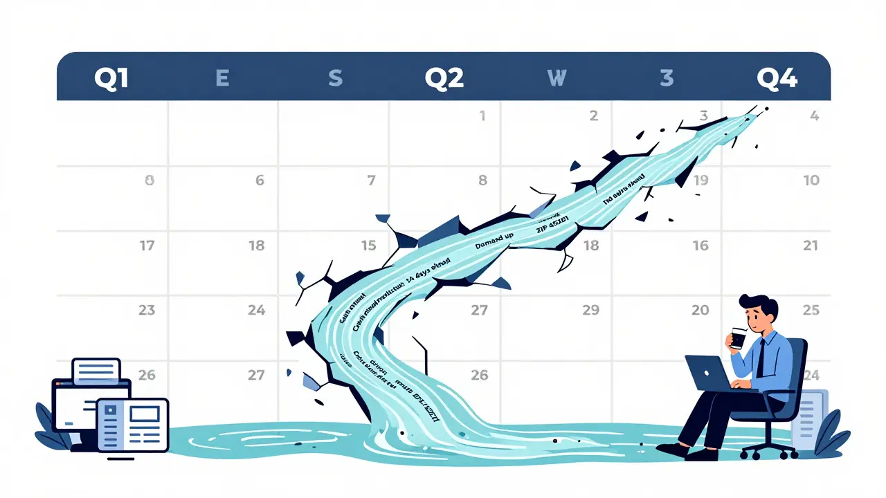 A shattered quarterly calendar replaced by a river of daily AI forecasts, with an analyst calmly observing.