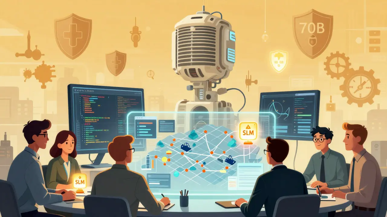 A team collaborates around a hologram showing code, medical data, and logistics, with small efficient SLMs glowing beside a fading large model.