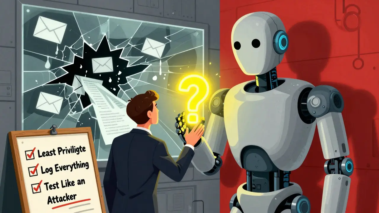 A worker hands a question to a giant AI robot, while behind it, sensitive data leaks through shattered glass.