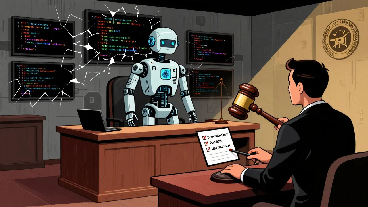 AI robot on trial in courtroom, surrounded by broken screens of hidden trackers and compliance checklist.