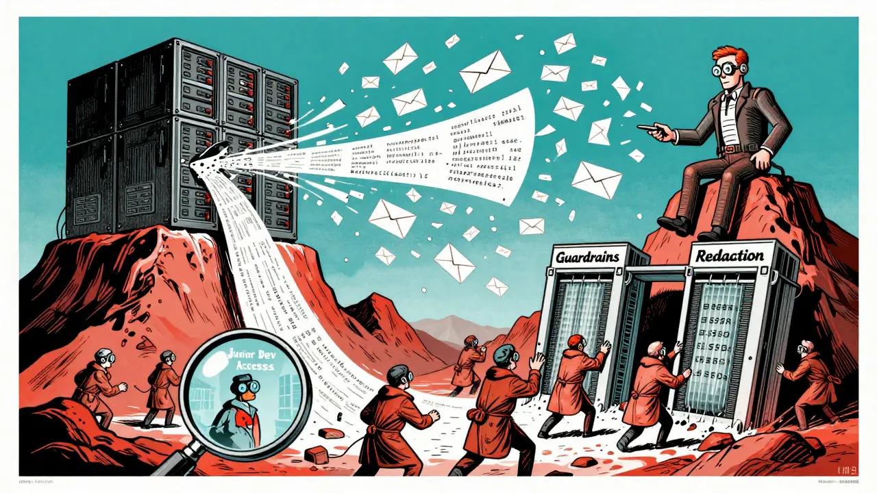 An LLM spewing sensitive data, engineers installing filters to block leaks, with a hidden backdoor visible.