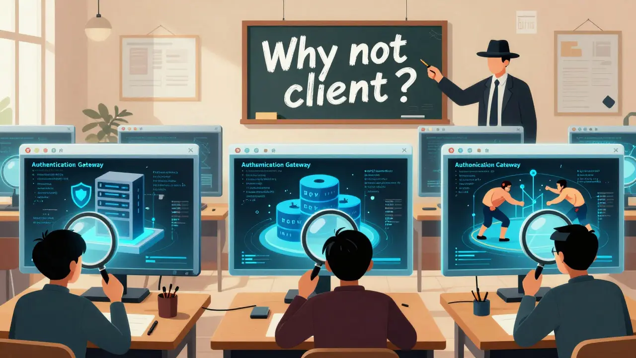 Classroom scene where students' heads become magnifying glasses examining code layers, teacher holding a chalkboard with probing questions.