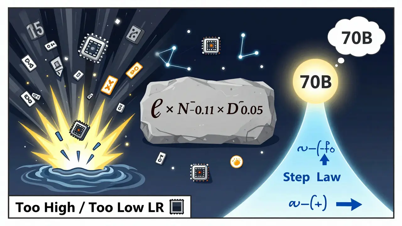 Contrasting chaotic training failure vs. smooth, formula-guided success, with the Step Law equation central in stylized poster art.