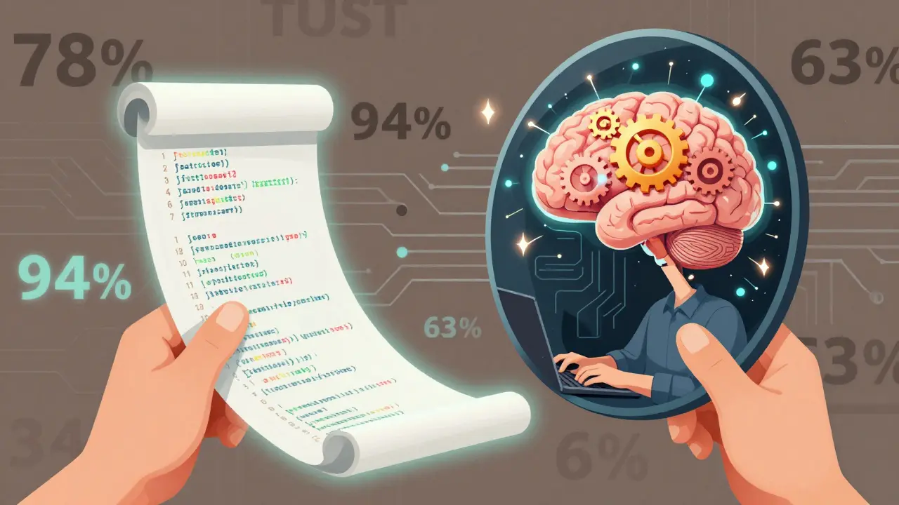Developer's hand holds AI code that transforms into a mirror showing their own brain coding manually.