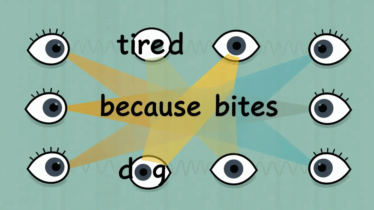 Eight floating eyes linking words in a sentence with sine-wave patterns in the background, representing multi-head attention.
