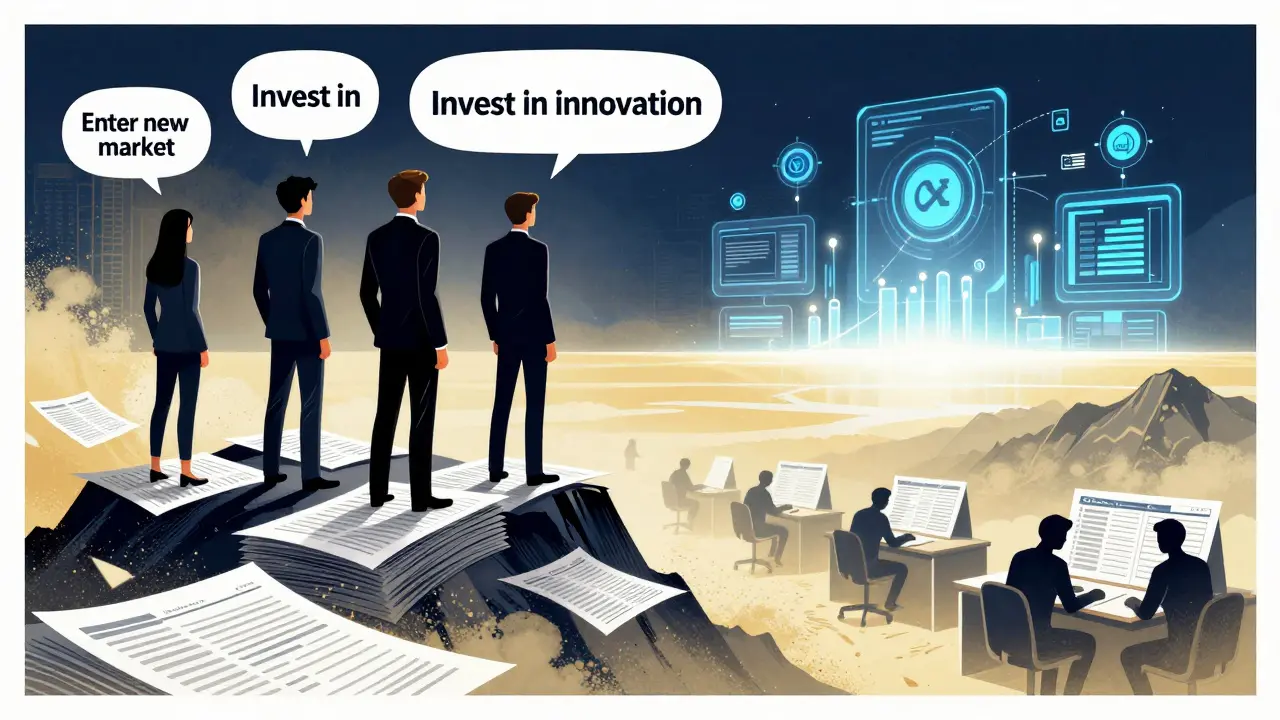 Finance team atop dusted reports, gazing at automated systems guiding strategic decisions, while others fade behind.