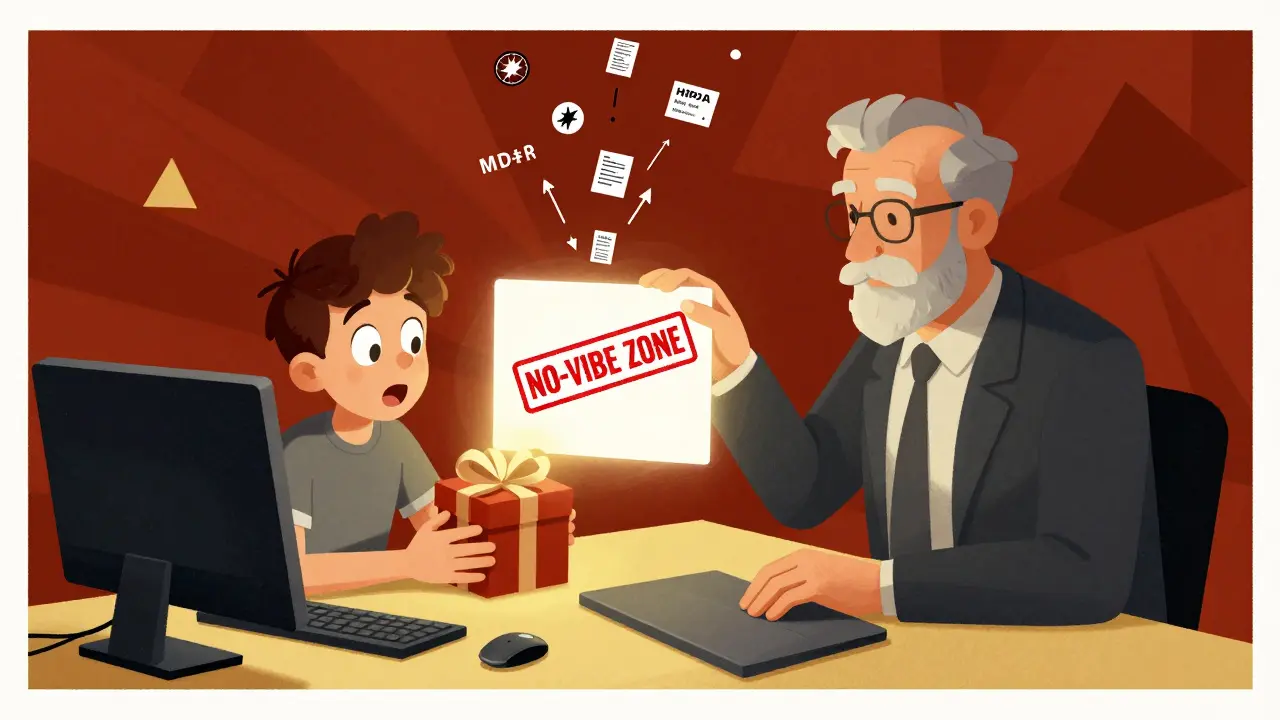 Junior developer accepts AI code blindly while senior developer stamps it red with 'NO-VIBE ZONE' warning.