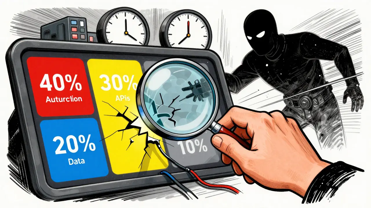 MVP dashboard with colored security zones under inspection by a magnifying glass, revealing hidden vulnerabilities.
