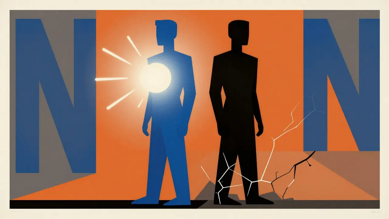 Pre-LN and Post-LN figures side by side, one glowing and stable, the other cracked and dim, in bold geometric poster art.