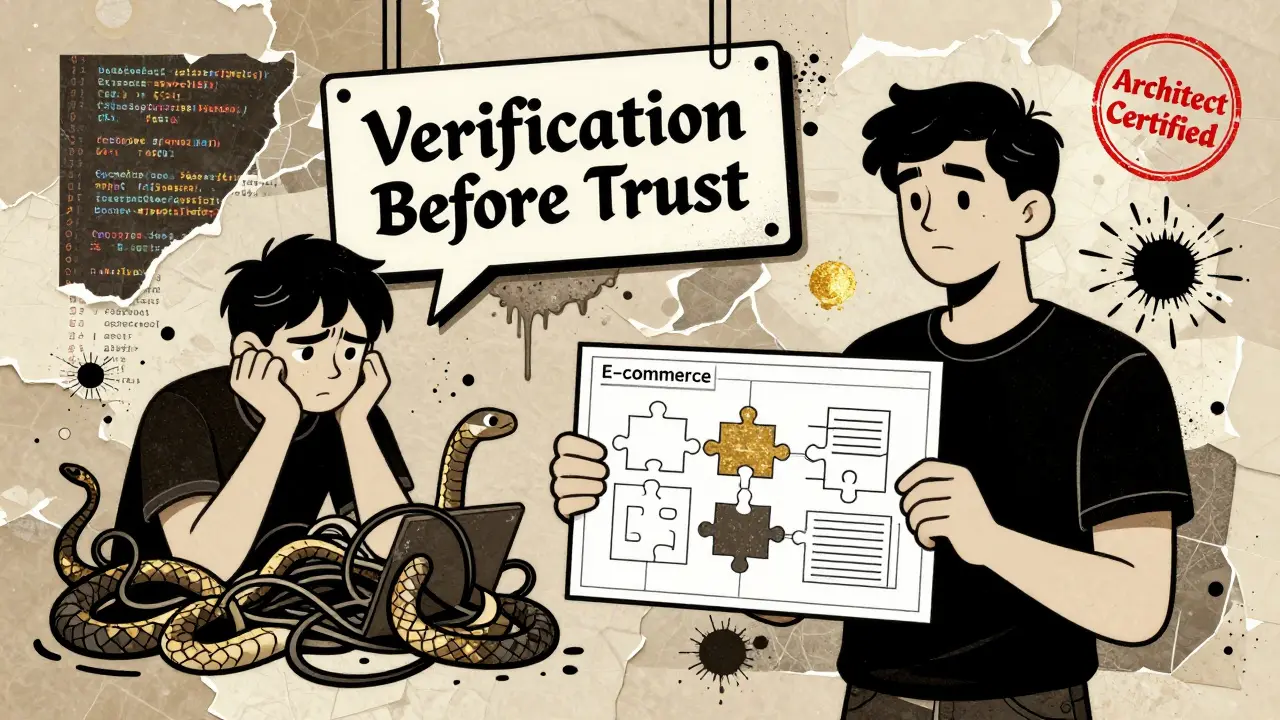 Split image: tangled code vs. clean app blueprint, with 'Verification Before Trust' sign, in Polish poster style.