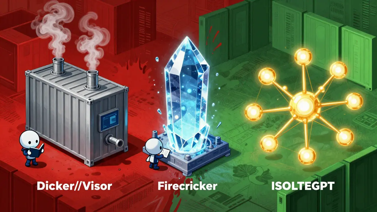 Three isolation methods—container, microVM, and hub-spoke—visualized as competing architectural forms surrounding AI agents.