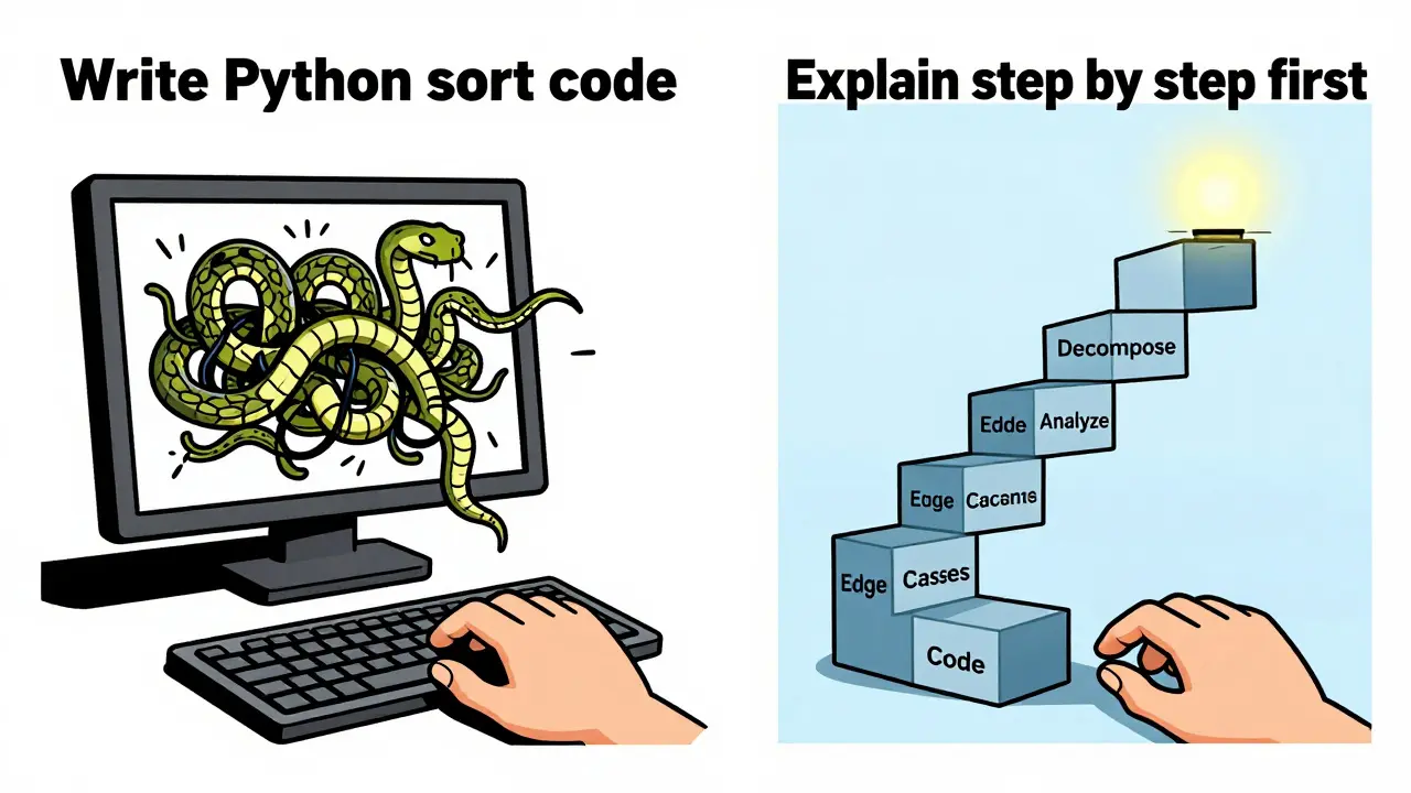 Two-panel illustration: messy bugs from direct code request vs. clean logic staircase from step-by-step reasoning.