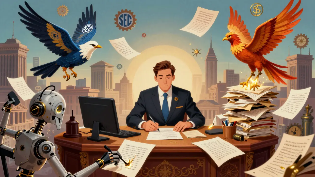 A compliance officer watches as legal documents turn into birds, guided by a mechanical scribe representing an LLM.