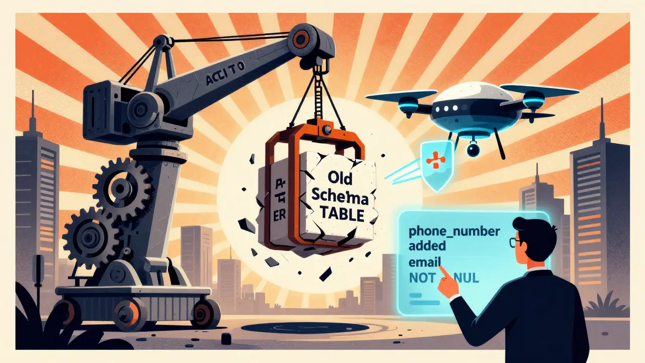 A crane lowers a new database schema while an AI drone guides it, replacing a crumbling old one in a stylized tech cityscape.