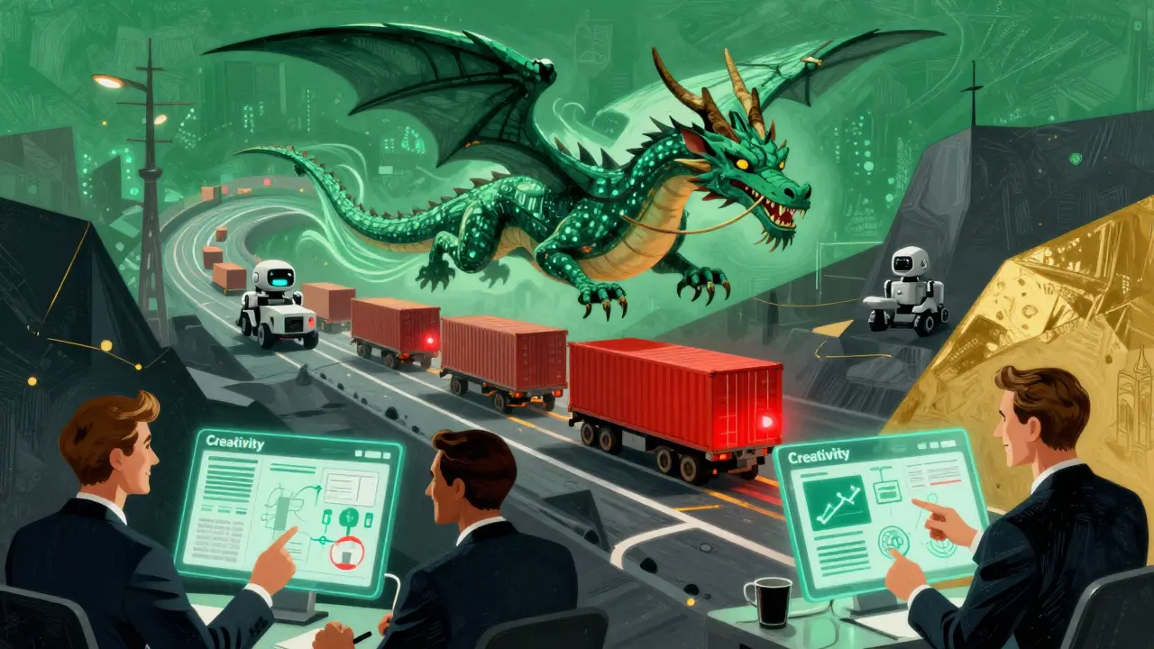 A data dragon reroutes supply chains while humans focus on strategy and ethics.