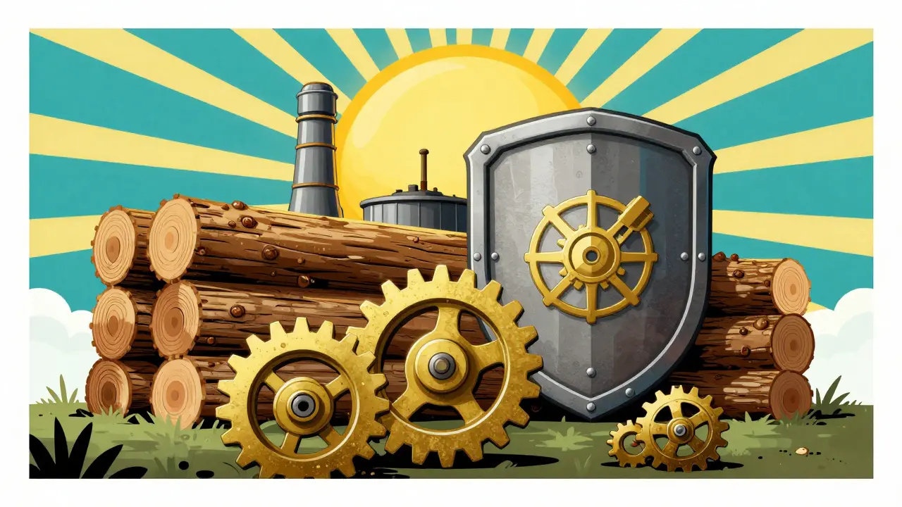 A factory protected by interconnected logs under a rising sun.