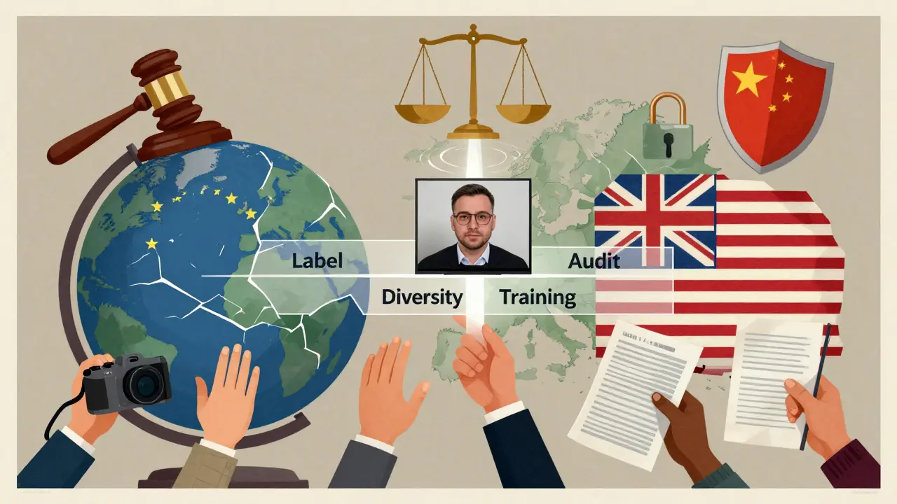 A fractured globe shows regional legal systems blocking an AI deepfake stream, with transparency and diversity symbols below.