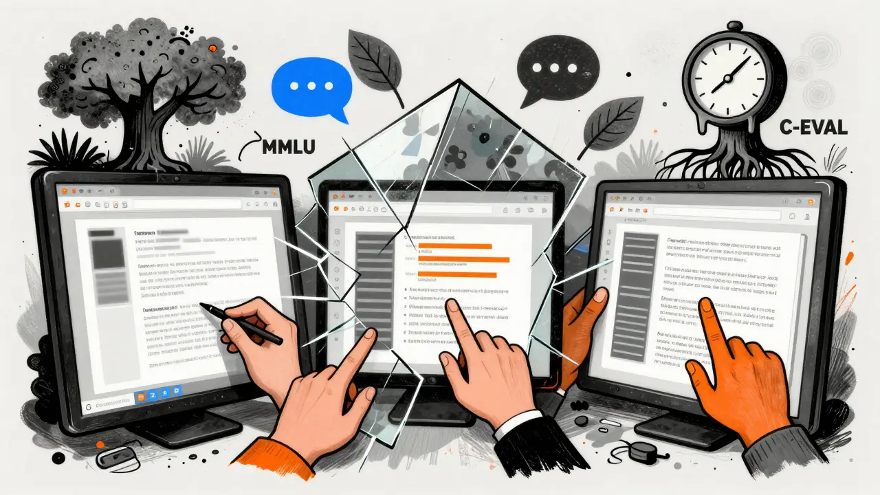 A fractured mirror shows AI responses improving as diverse human hands annotate documents, with roots labeled by evaluation benchmarks.
