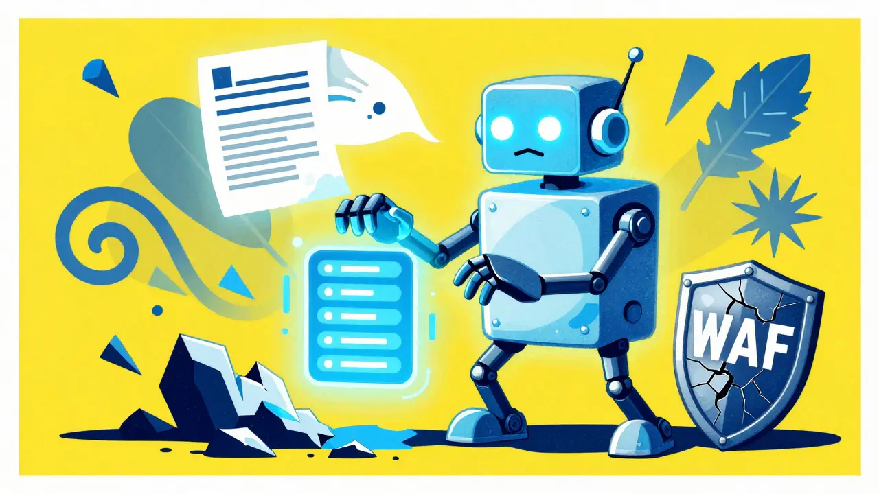 A glowing robot agent pulls data from a floating database while a poisoned document whispers fake passwords into its ear.