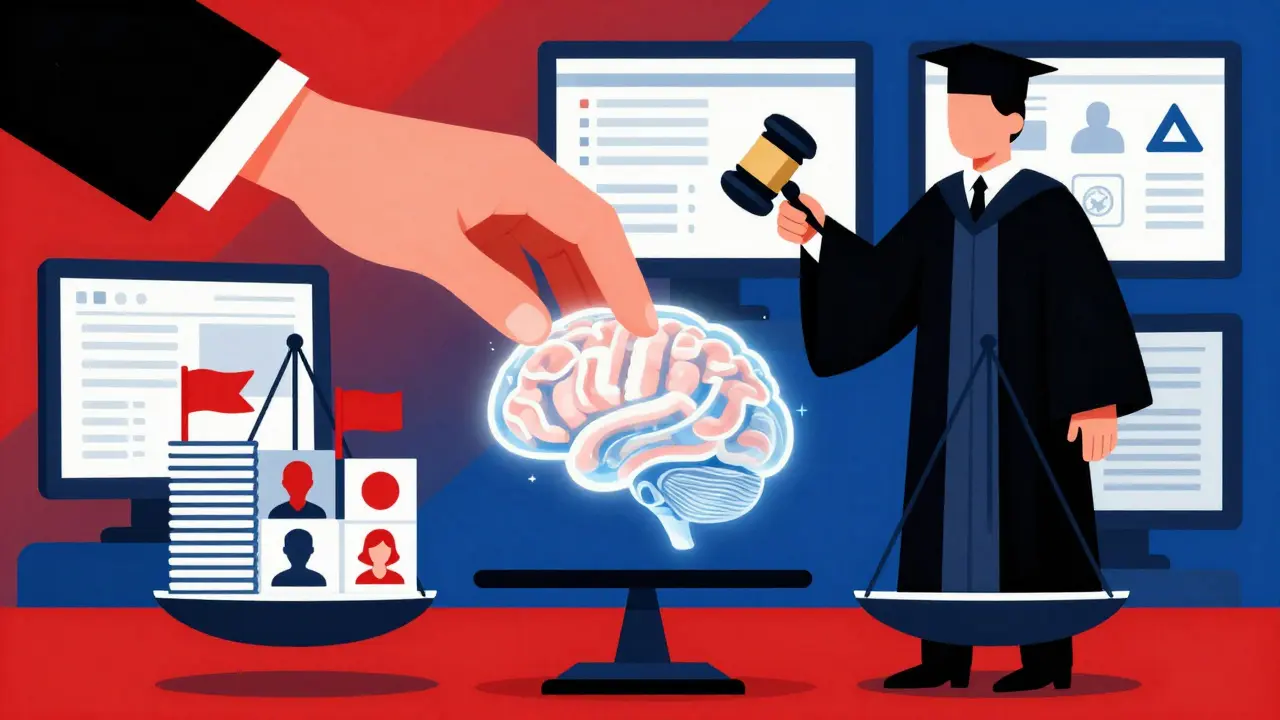 A human hand places an AI brain on a scale balanced against synthetic data, symbolizing human-AI collaboration in compliance.
