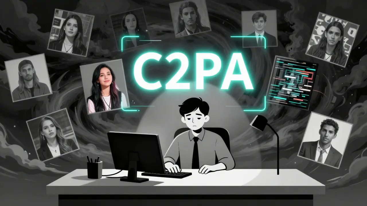 A human moderator filters AI-generated content through a glowing watermark, with one labeled AI image calmly floating beside flagged ones.