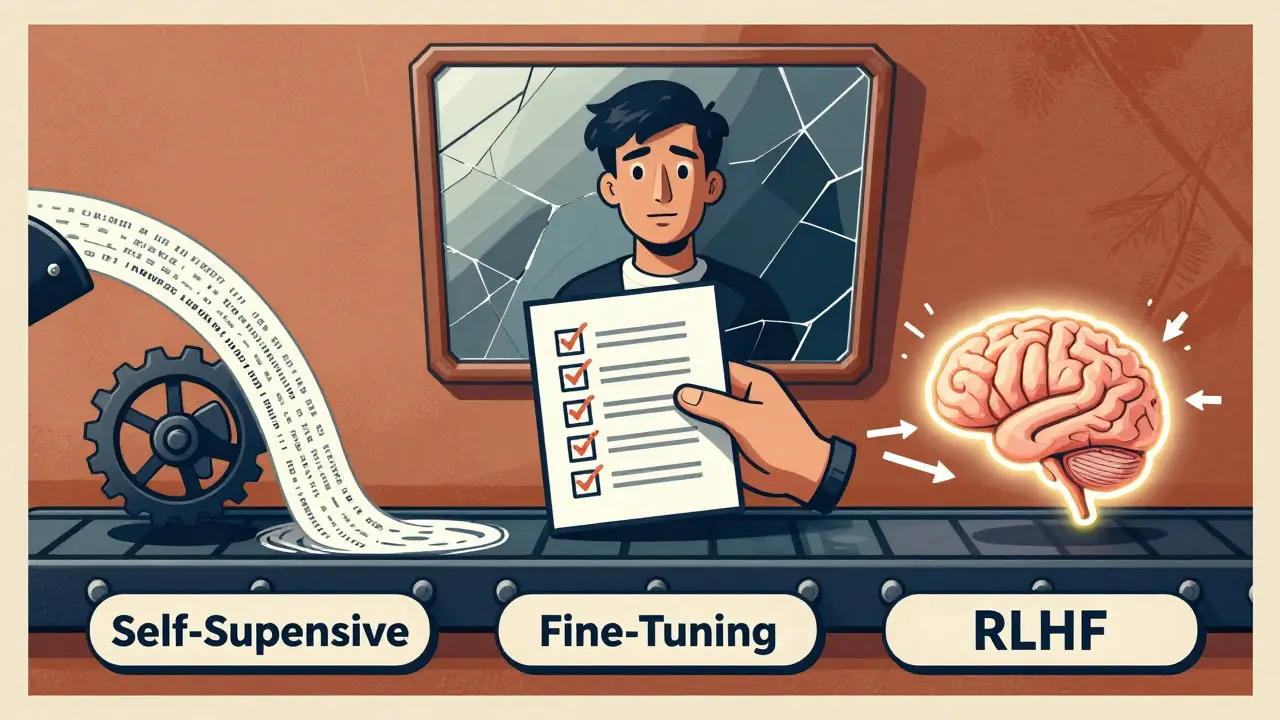 A three-stage learning conveyor belt showing self-supervised training, fine-tuning, and human feedback.