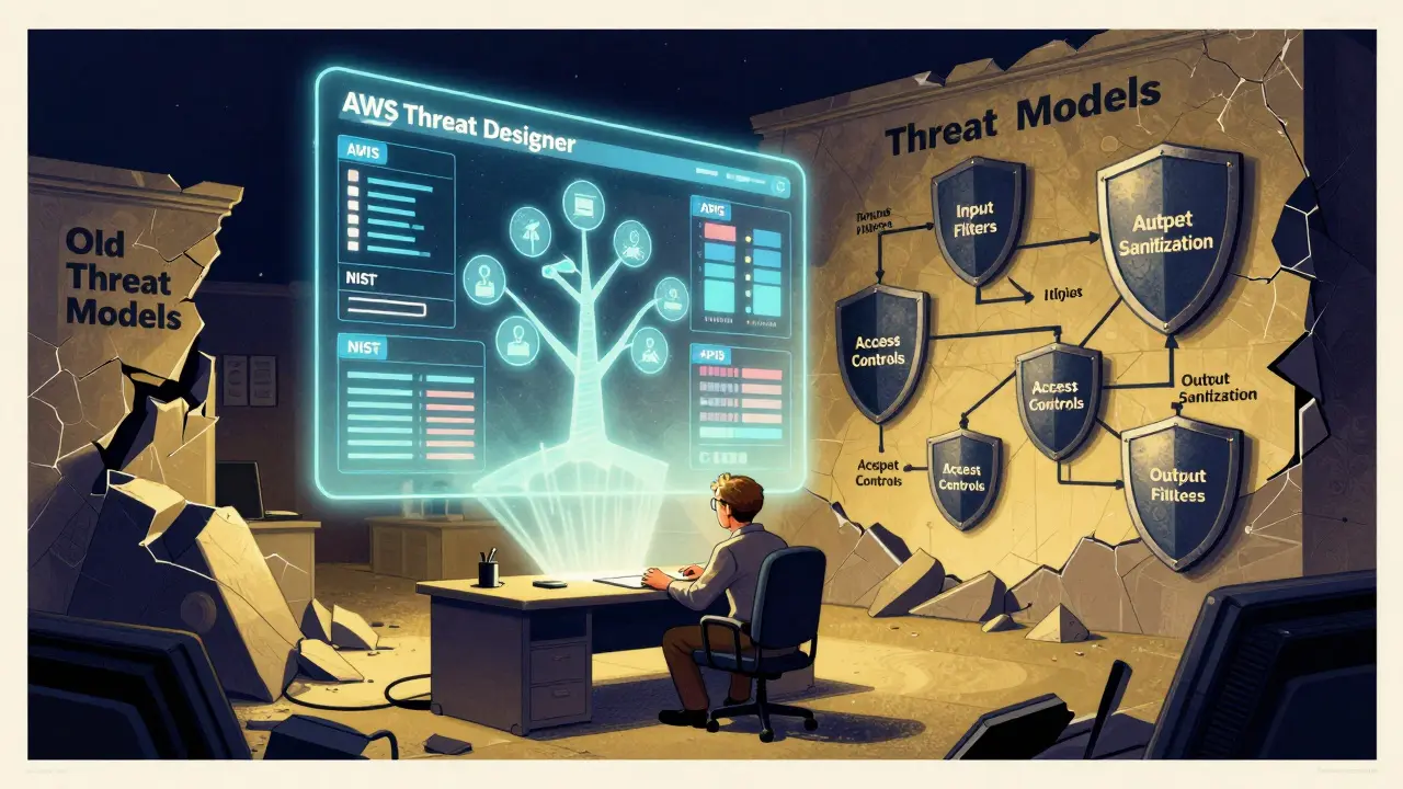 A worker shielded by a glowing AWS Threat Designer interface, replacing outdated security models with modern protections.