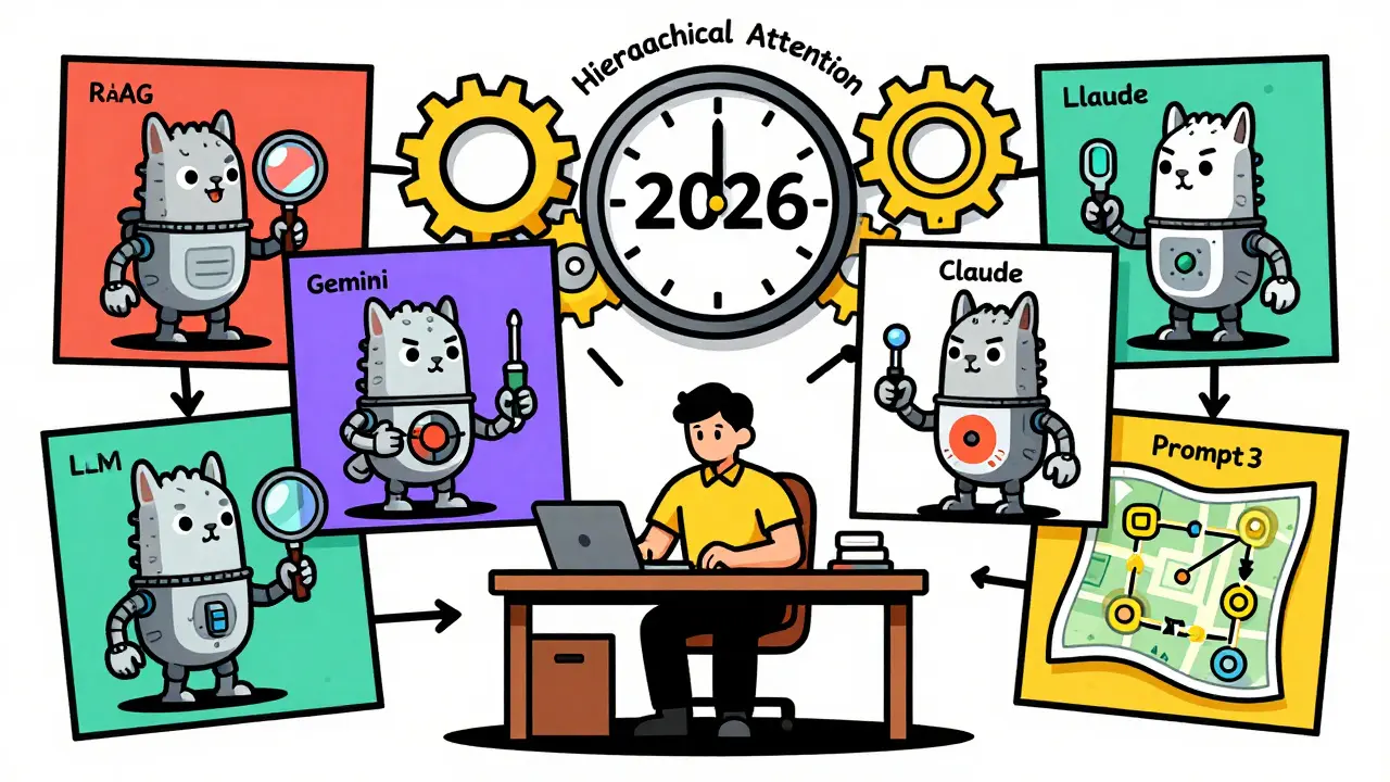 A writer surrounded by cartoon LLMs each holding tools for better long-form writing, in stylized Polish poster art.