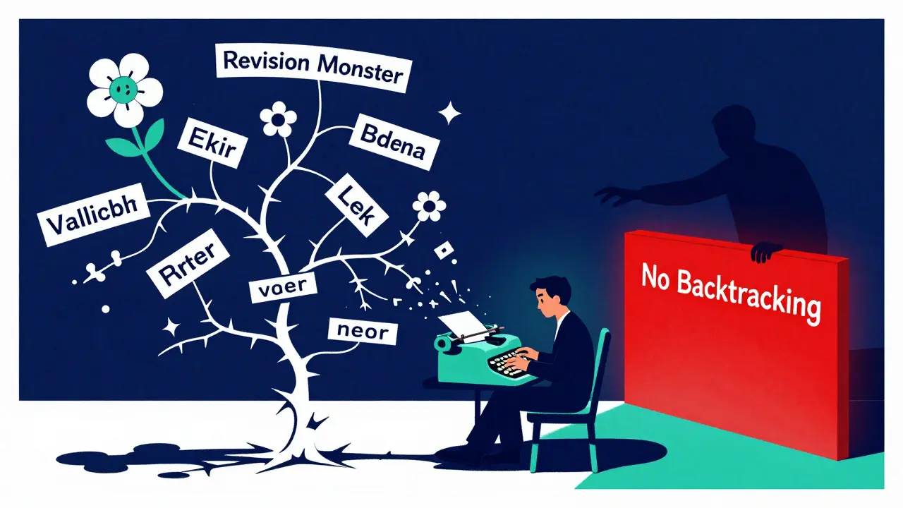 A writer types as branching word-trees grow, blocked from revision by a red barrier in bold poster art style.