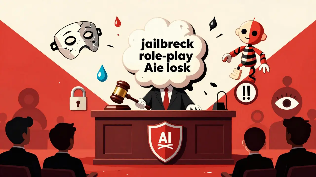 An AI-generated text on trial, surrounded by evidence of jailbreak attempts and monitored by a shield-shaped gavel.