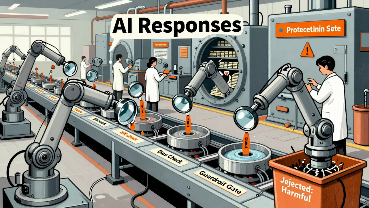 An assembly line inspecting AI outputs with mechanical arms, rejecting harmful responses and securing training data in a vault.