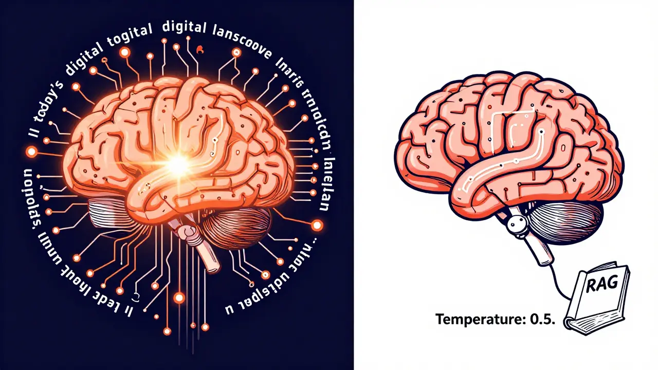 An overloaded AI brain looping with repetition on one side, and a controlled, organized brain with RAG and temperature dial on the other.